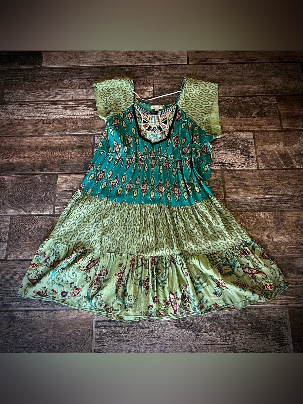 One World blue and green BOHO tiered dress M